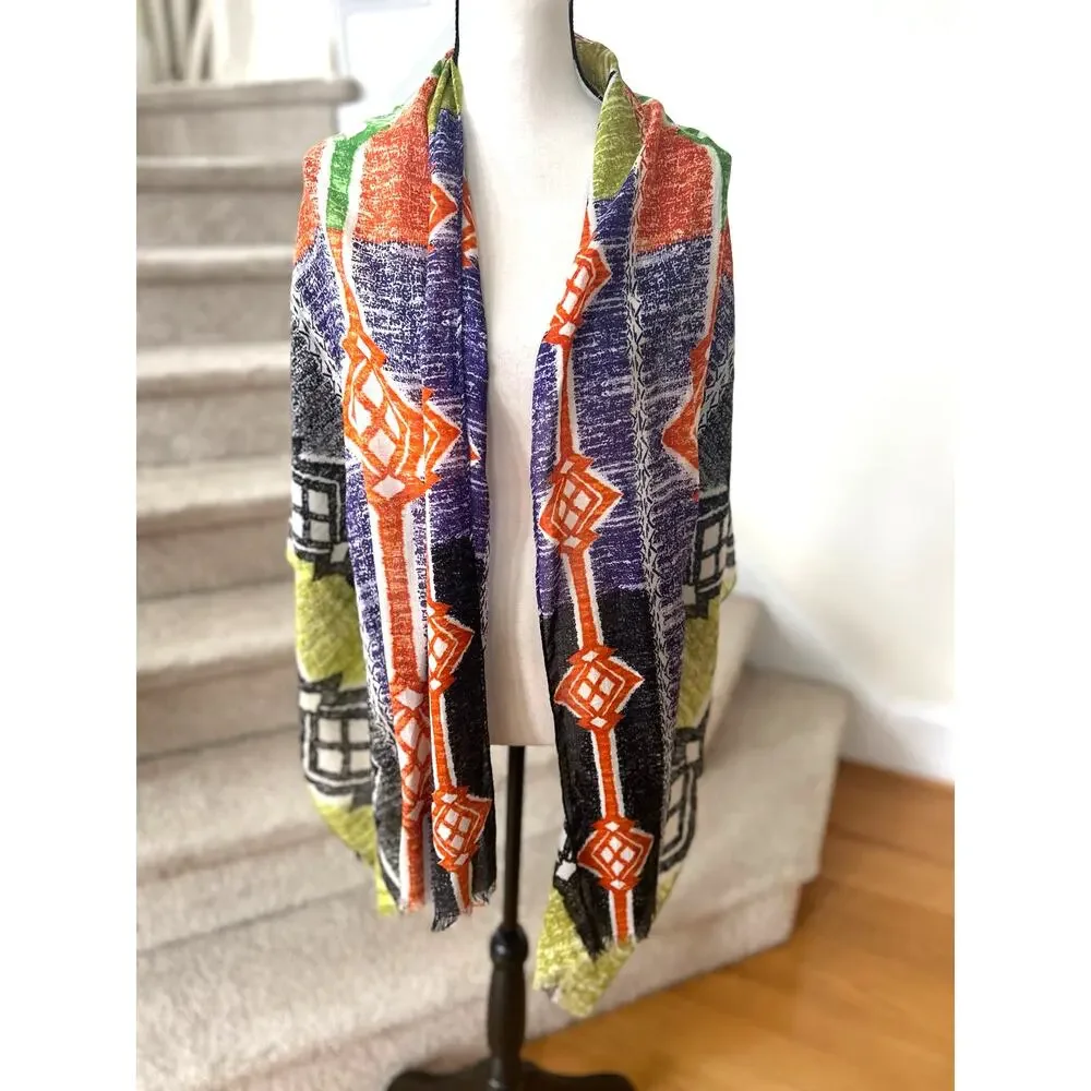 Echo Silk Cotton Wool Orange, Purple, Green Tribal Boho Mosaic Scarf Wrap